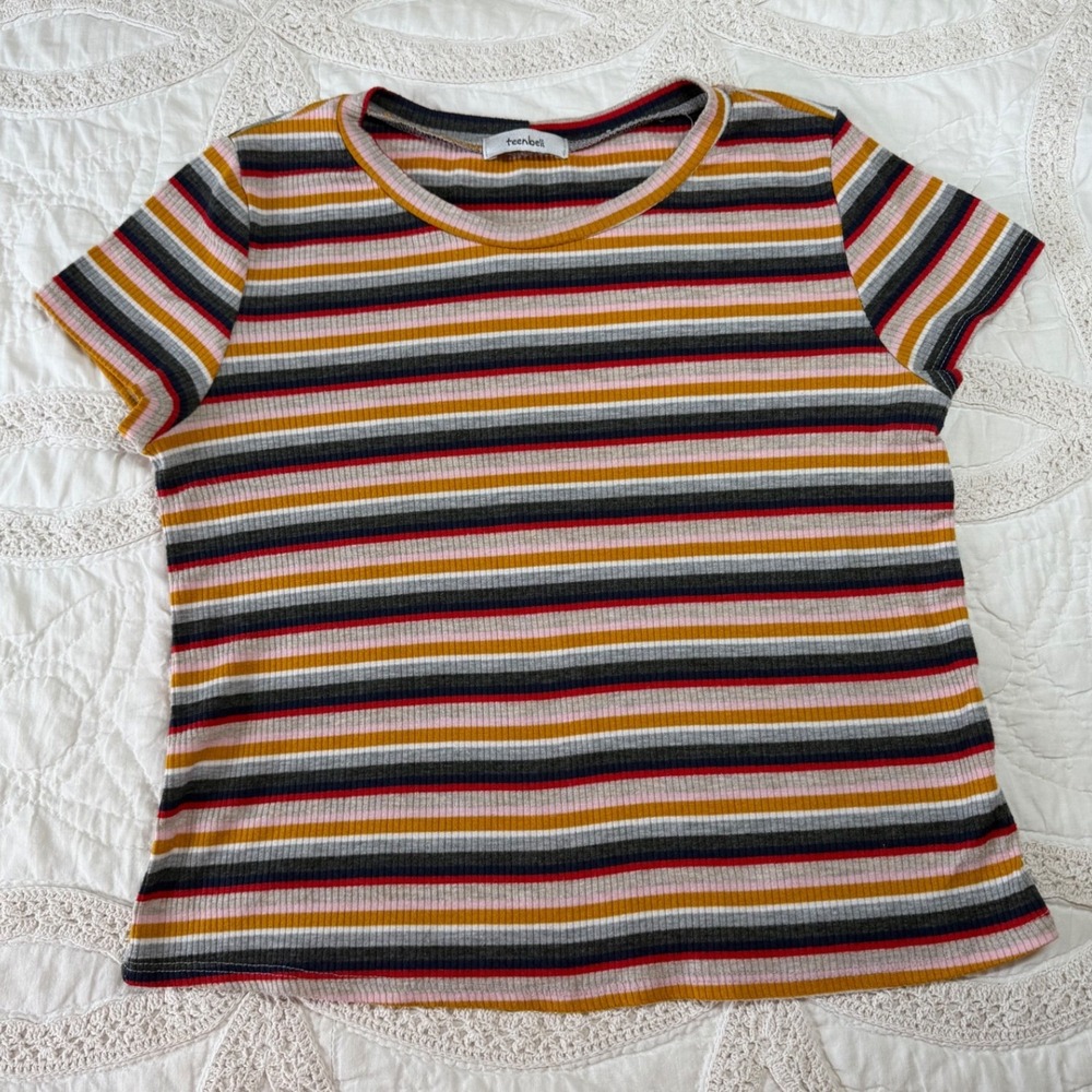 Teenbell Striped Ribbed T-Shirt Multi Color Short Sleeve Jr Large 90s Style